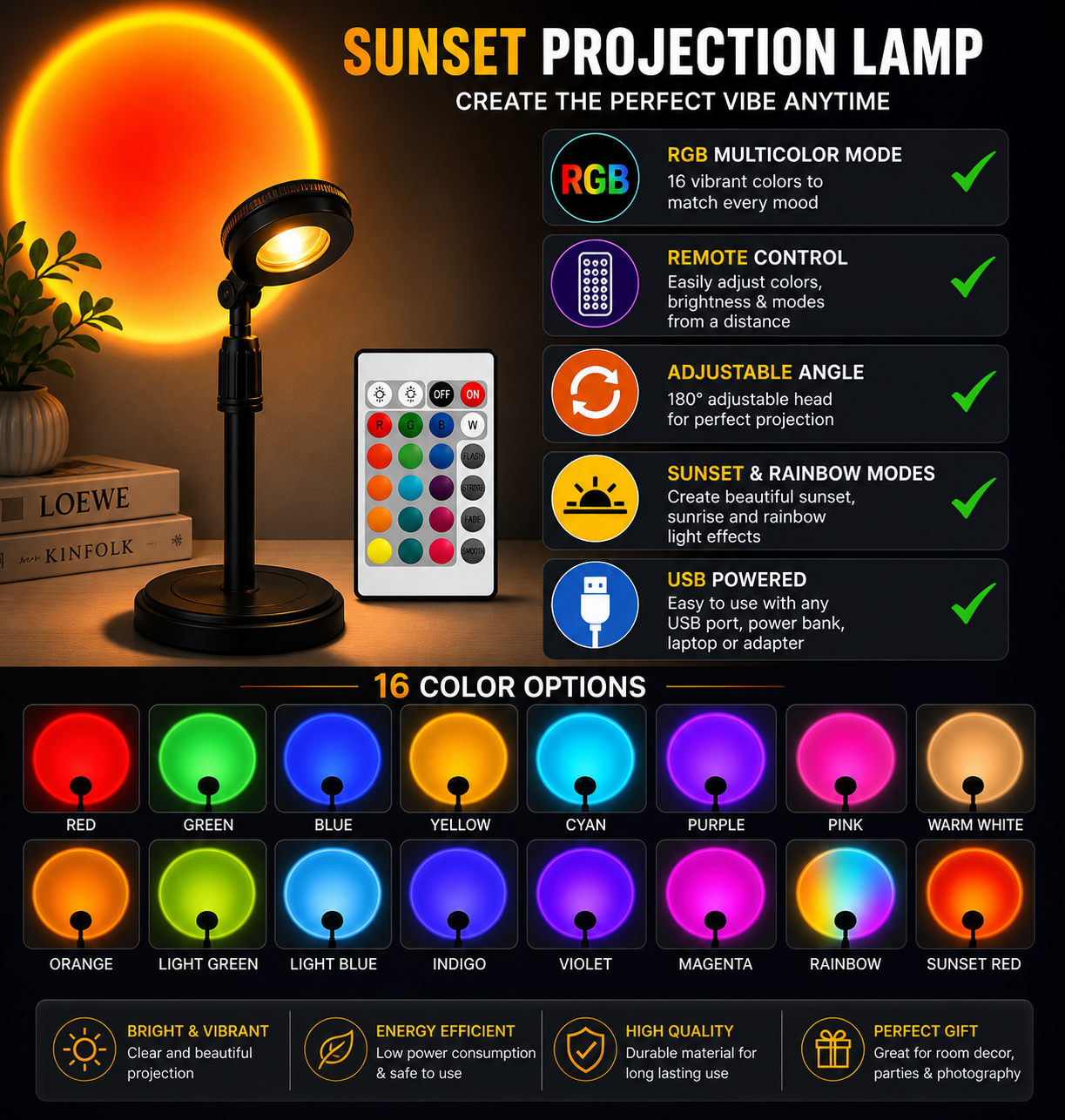 Sunset Projection Lamp with Remote | RGB LED Room Light